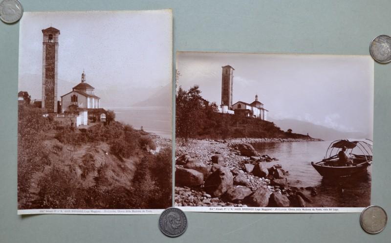 Svizzera - Lago Maggiore. BRISSAGO. Due diverse foto del 1800 della chiesa della Madonna da Ponte.