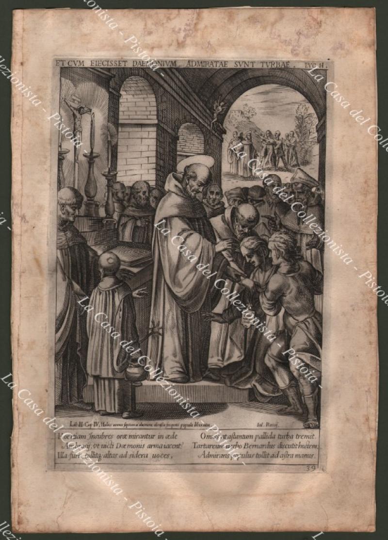 Miracoli - esorcismo. San Bernardo da Chiaravalle. Acquaforte del 1587