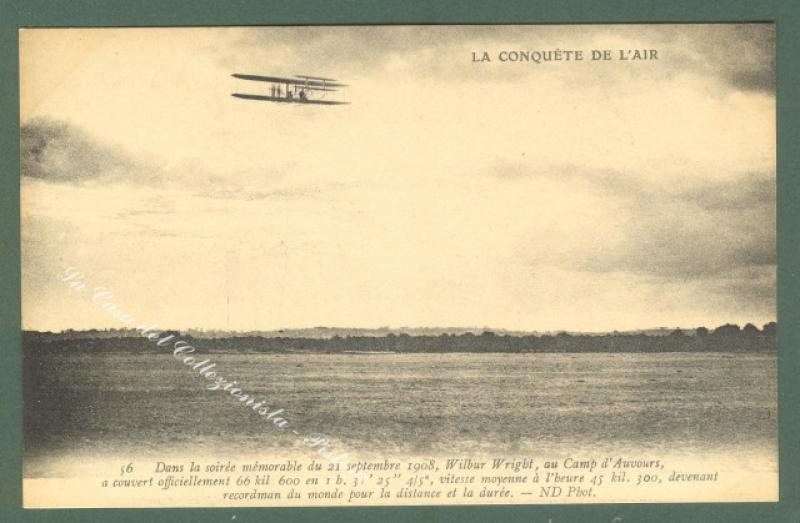 AVIAZIONE. W.Wright nel 1908 al campo d'Auvours stabilisce il record del mondo di distanza. di distanza