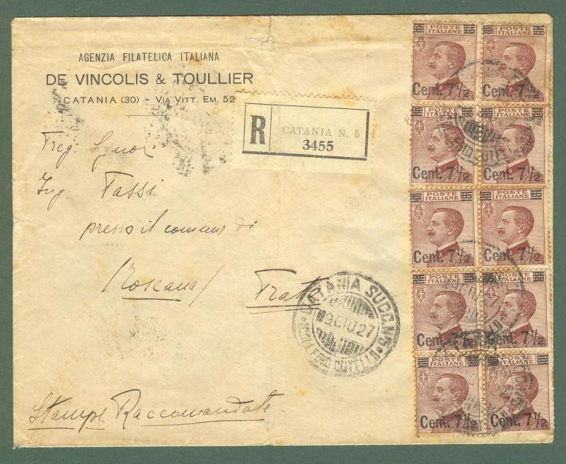 Storia postale. REGNO D'ITALIA. Dieci esemplari (quartina + blocco di sei)...su stampa raccomandata del 9.6.1927.
