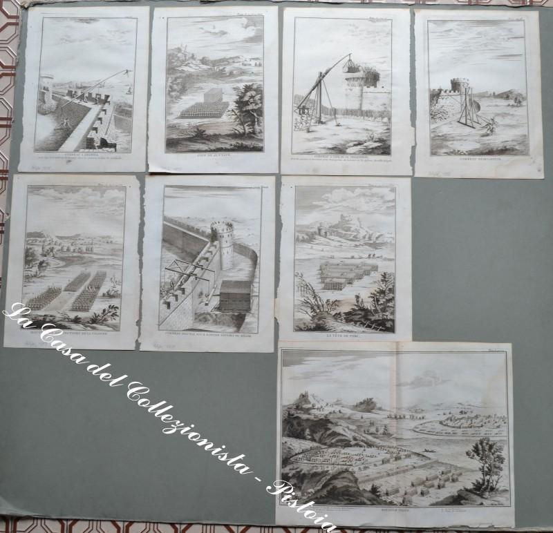 ARTE MILITARE ANTICA. Blocco di 8 scene di macchine da assedio, di difesa e offesa e schieramenti militari. Anno 1727.