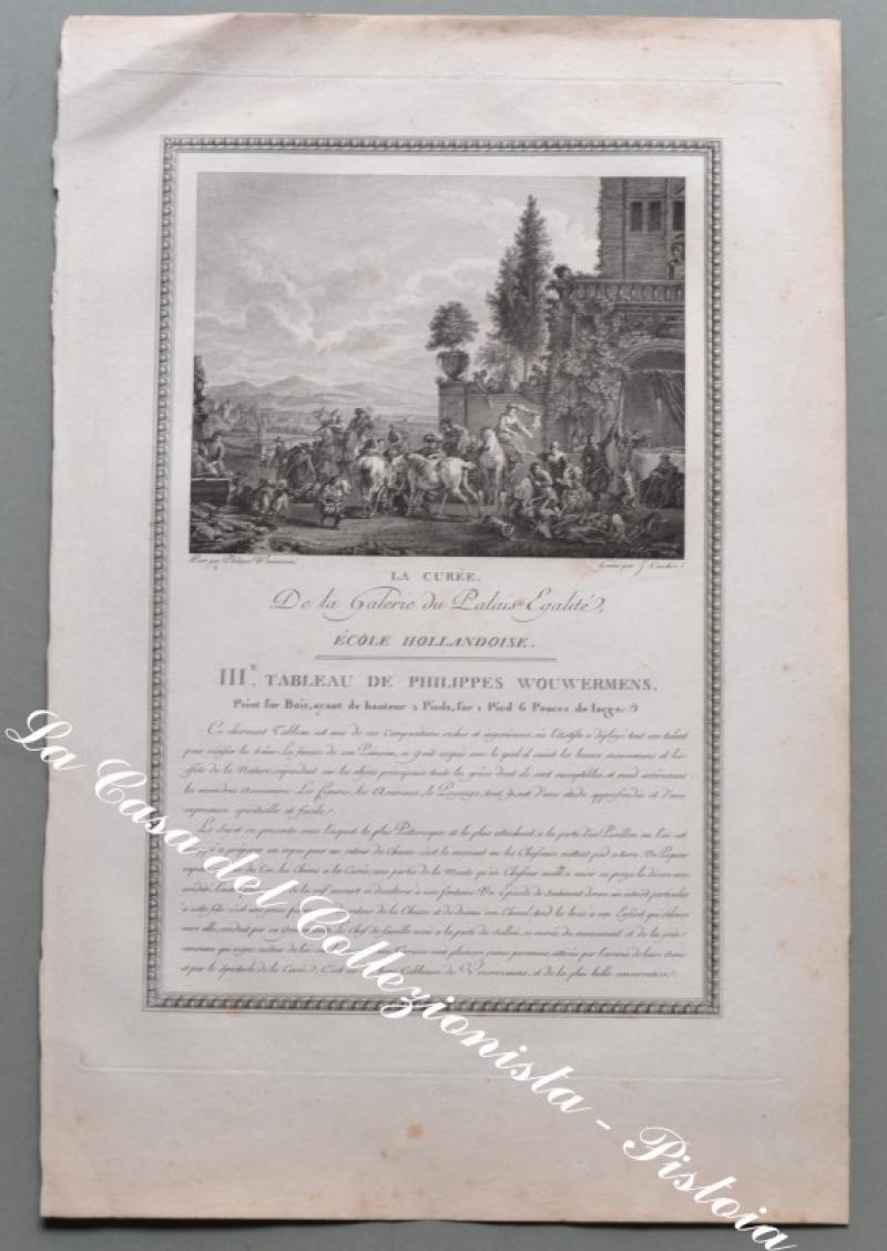 ACQUAFORTE, ‘700. “LA CUREE”. Splendido primo piano di cavalli, cani e cacciatori al rientro dalla caccia. Anno 1756.