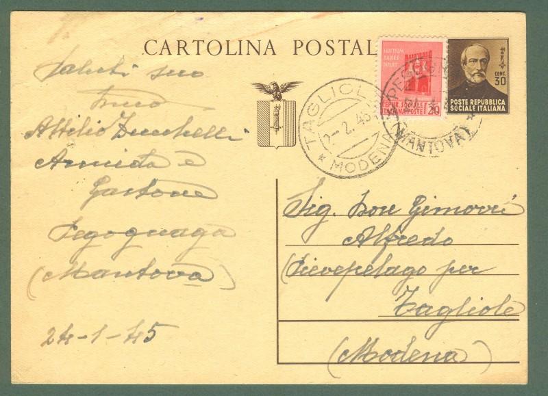 Storia postale. REPUBBLICA SOCIALE. Cartolina postale da Tagliole di Modena, 7.2.1945