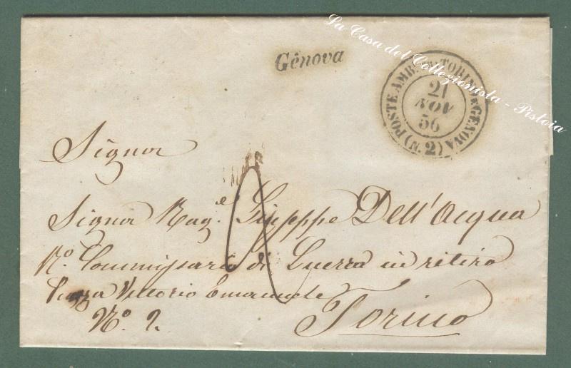 Prefilatelia. REGNO DI SARDEGNA. Ferrovia. Lettera da Genova per Torino del 21 Novembre 1856...