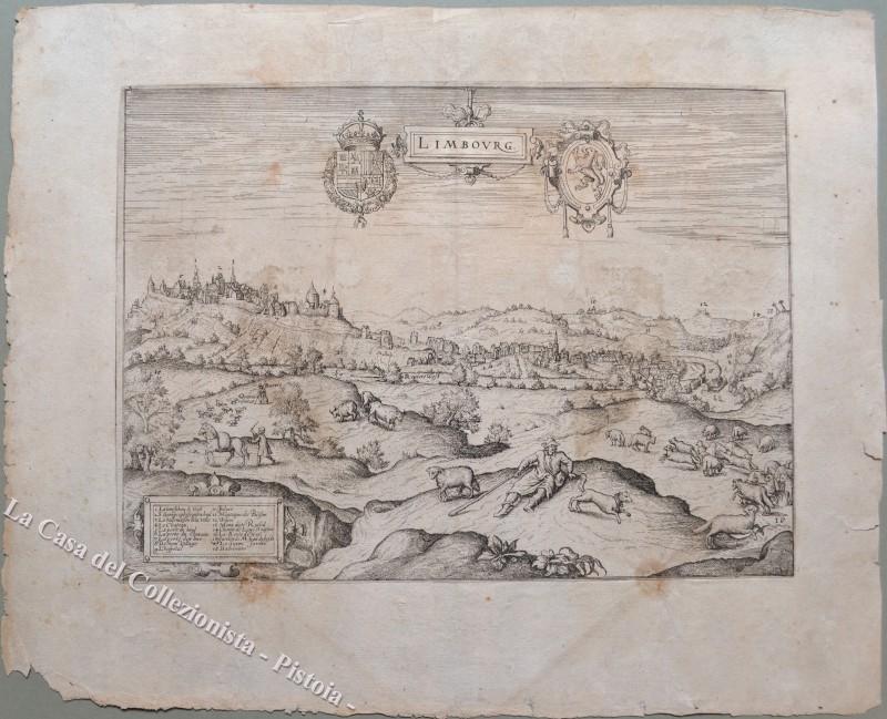 Limburgo, Limbourg, Limburg. Belgio Belgique. Veduta della città. Anno 1612