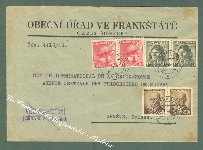 Storia postale estero. CECOSLOVACCHIA. Lettera del 1946 per la Svizzera.