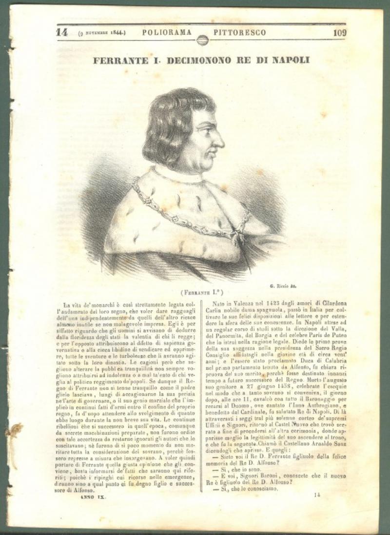 FERRANTE I DECIMONONO RE DI NAPOLI. Fascicolo intero del Poliorama Pittoresco del 9 Novembre 1844