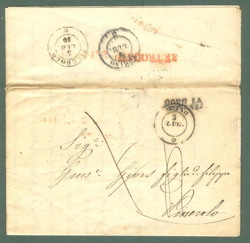 PIEMONTE. RETRODATATO stampatello rosso su lettera del 3 Luglio 1850 da Torino per Pinerolo