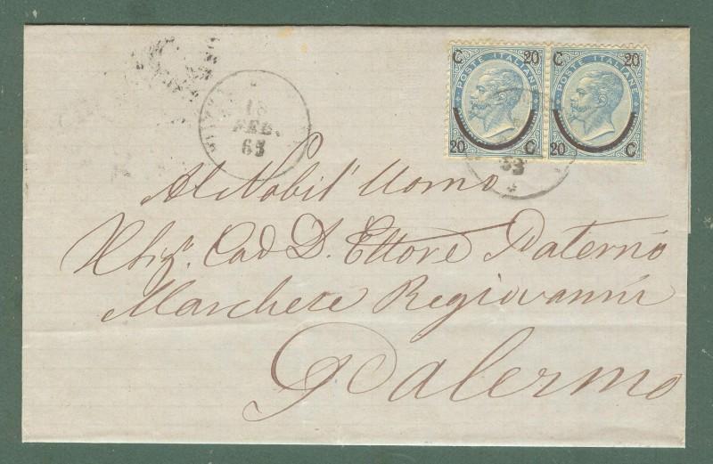 Storia postale. REGNO. Coppia cent. 20 su 15 su lettera per Palermo