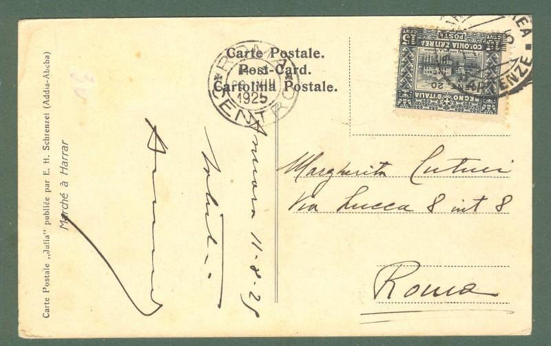 Storia postale colonie. ERITREA. Centesimi 20 su cent. 15 grigio su cartolina da Asmara