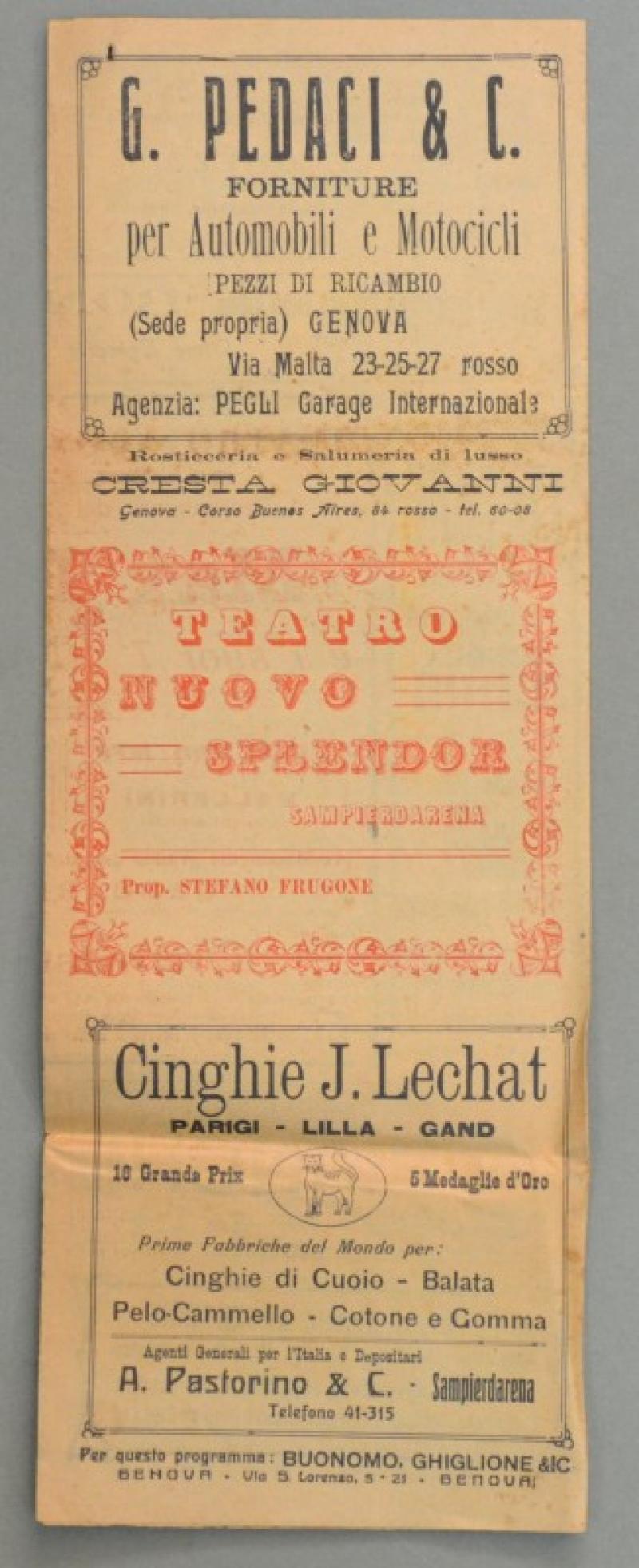 SAMPIERDARENA, Genova. TEATRO NUOVO SPLENDOR. Pieghevole originale pubblicitario del 1922