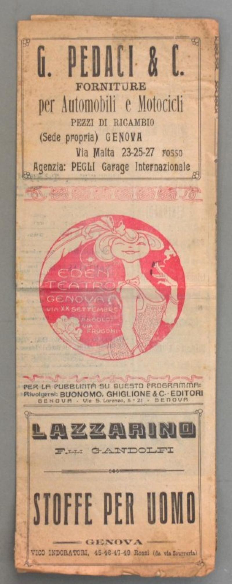 GENOVA. EDEN - TEATRO. Pieghevole del 1922 con programma di spettacoli di cinema e varietà...
