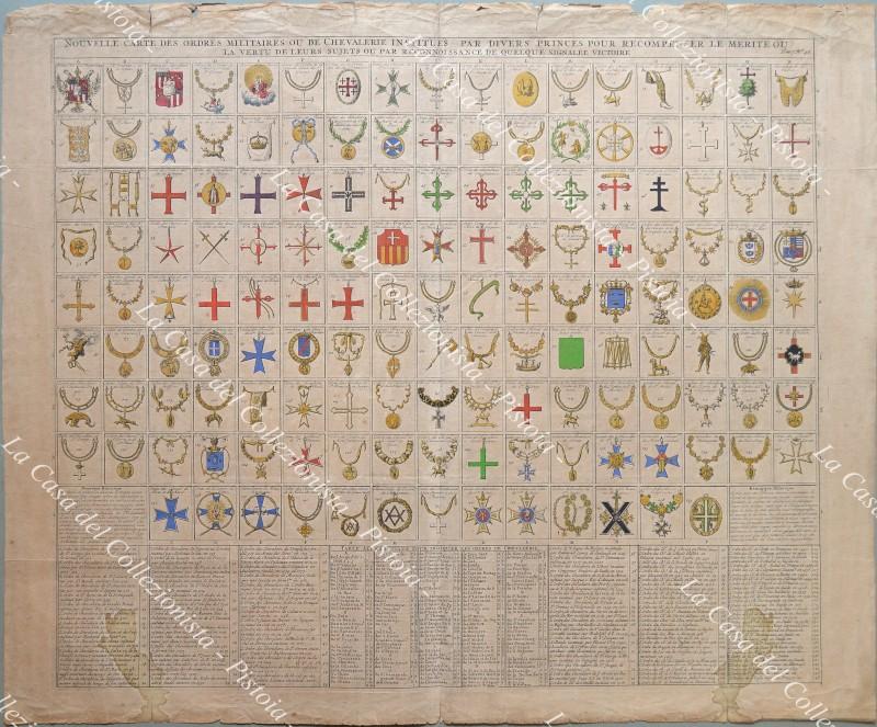 ORDINI MILITARI E CAVALLARESCHI. Henry Abraham Chatelain (1684 – 1743). NOUVELLE CARTE DES ORDRES MILITAIRES OU DE CHEVALERIE INSTITUEE PAR DIVERS PRINCE POUR RECONPENSER LE MERITE OU LA VERTU DE LEURS SUJETS….. Grande decorativa tavola con le medaglie dei diversi ordini cavallereschi e militari tratta da Atlas Historique, pubblicato ad Amsterdam tra il 1705 ed il 1720.