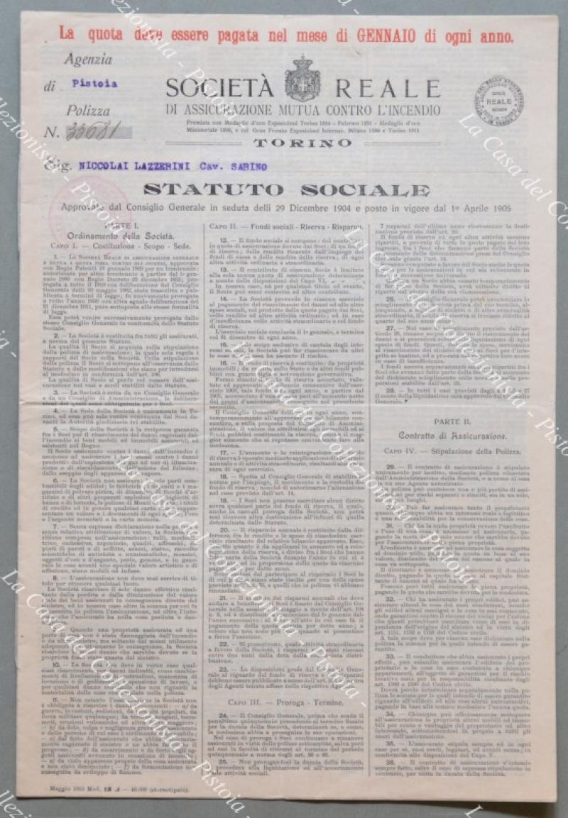 POLIZZA. SOCIETA' REALE DI ASSICURAZIONE. Anno 1916.