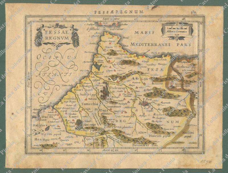 AFRICA, MAROCCO. FESSAE REGNUM. Cartina colorata all’epoca tratta dall’Atlas Minor di Jodoco Ondio, circa 1600.