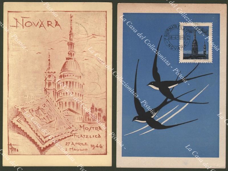 NOVARA MOSTRA FILATELICA 1946. 2 cartoline con annullo speciale.