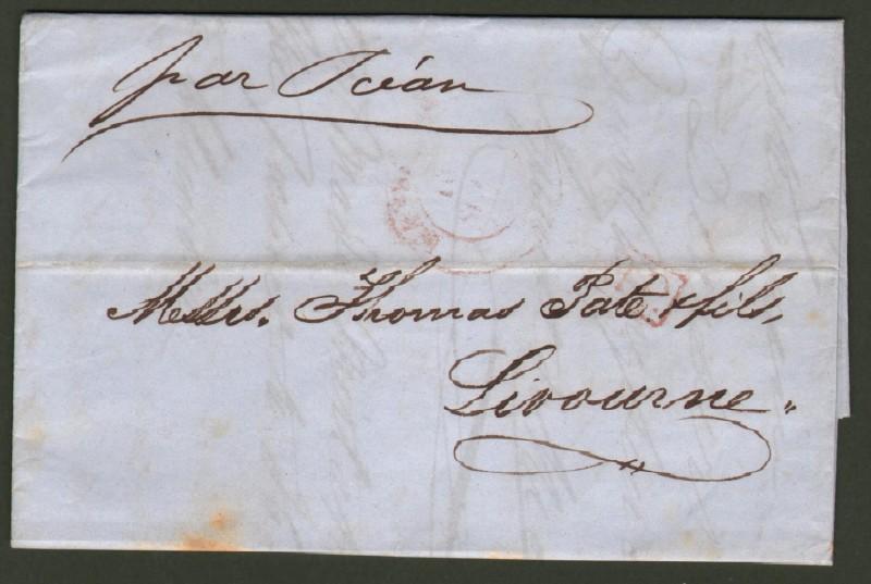 Prefilatelia. "PAR OCEAN" manoscritto su lettera del 1848 da Marsiglia a Livorno.