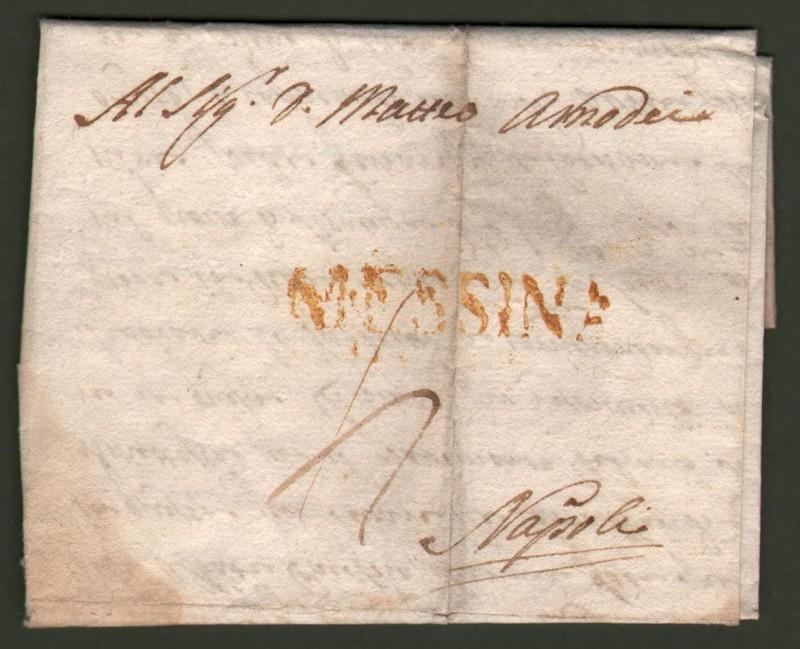 Prefilatelia. "MESSINA" in giallo ocra su lettera da Napoli