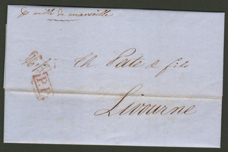 Prefilatelia. "p. la ville de Marseille" manoscritto su lettera del 1850 da Marsiglia a Livorno