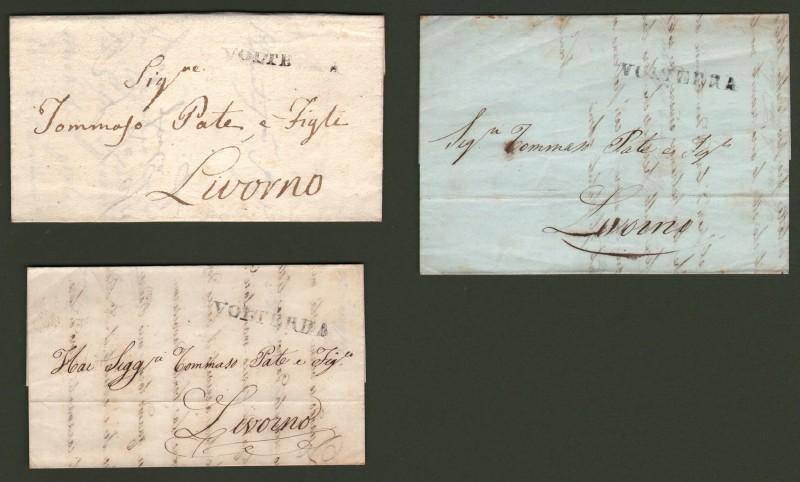 TOSCANA. VOLTERRA, 3 lettere per Livorno del 1840, 1842 e 1844.