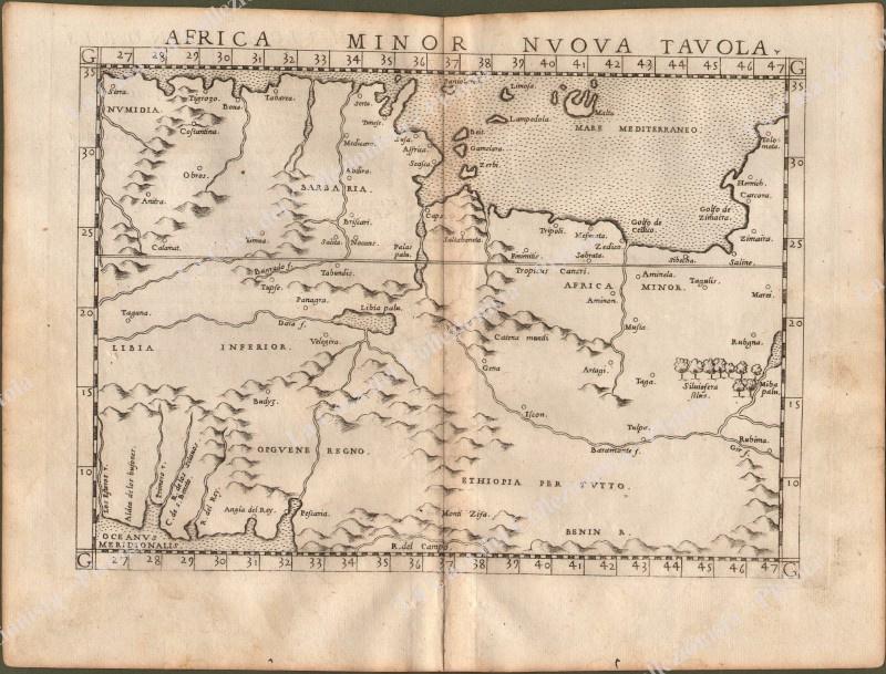 AFRICA. “AFRICA MINOR NUOVA TAVOLA”. Mostra la Libia, le isole Pelage e Malta. Venezia, Vincenzo Valgrisi, 1562.