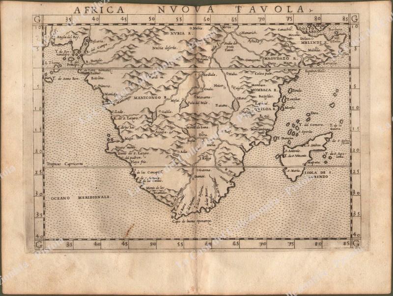 AFRICA.“AFRICA NUOVA TAVOLA”. Carta tratta dall’opera “GEOGRAPHIA CL. TOLEMAEI ALEXANDRINI”. Venezia, Vincenzo Valgrisi, 1562.