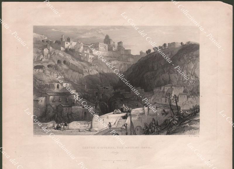 Sicilia. Enna. CASTRO GIOVANNI. Veduta generale. Incisione su acciaio, circa 1850.
