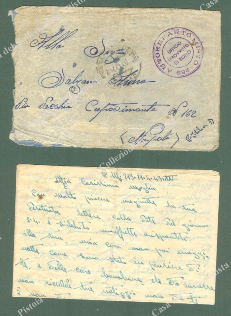 SECONDA GUERRA. AUTOREPARTO MISTO 228. UFFICIO SPROVVISTO DI BOLLO + POSTA MILITARE 213. Lettera del 21.4.1943 per Napoli. (Rif.E2259)