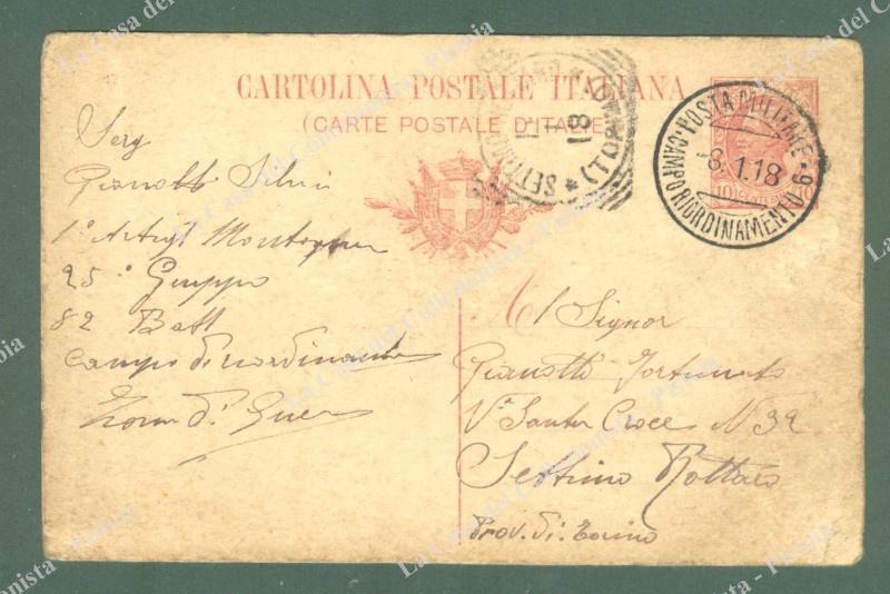 PRIMA GUERRA. Dalla POSTA MILITARE CAMPO RIORDINAMENTO 6 . Cartolina postale del 8.1.1918 per Settimo Bottari (To).