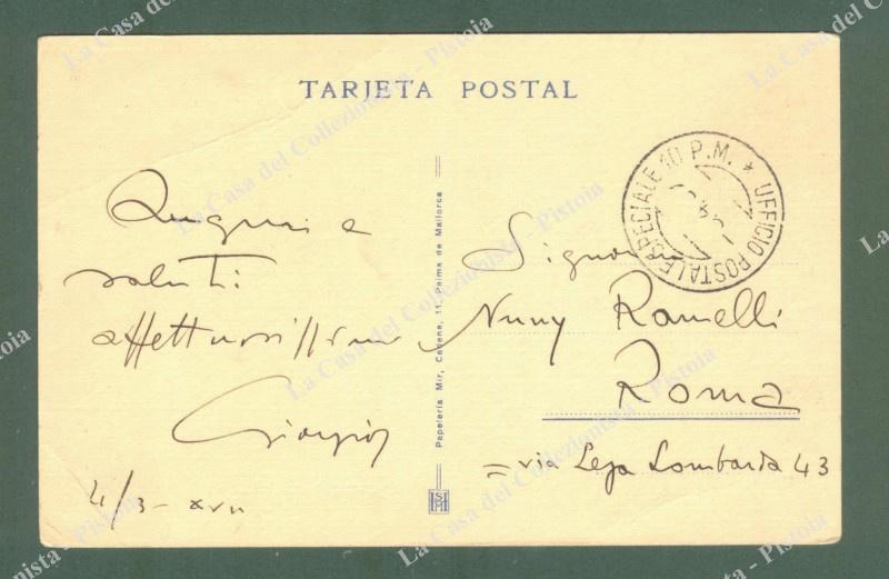 GUERRA DI SPAGNA. UFFICIO POSTA SPECIALE 10 P.M. su cartolina per Roma del 4.3.1939