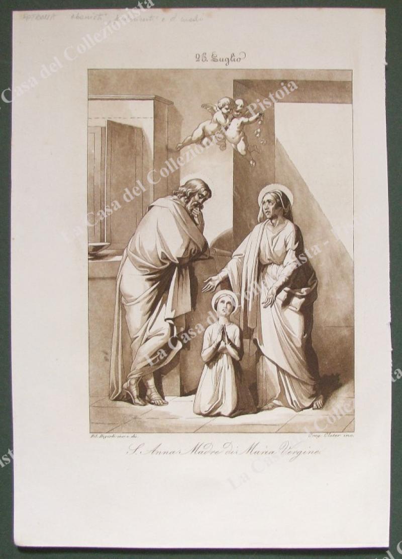 S.ANNA MADRE DI MARIA VERGINE, patrona degli ebanisti, d. partorienti e delle madri. Acquatinta in color seppia, incisa da Cleter, circa 1840