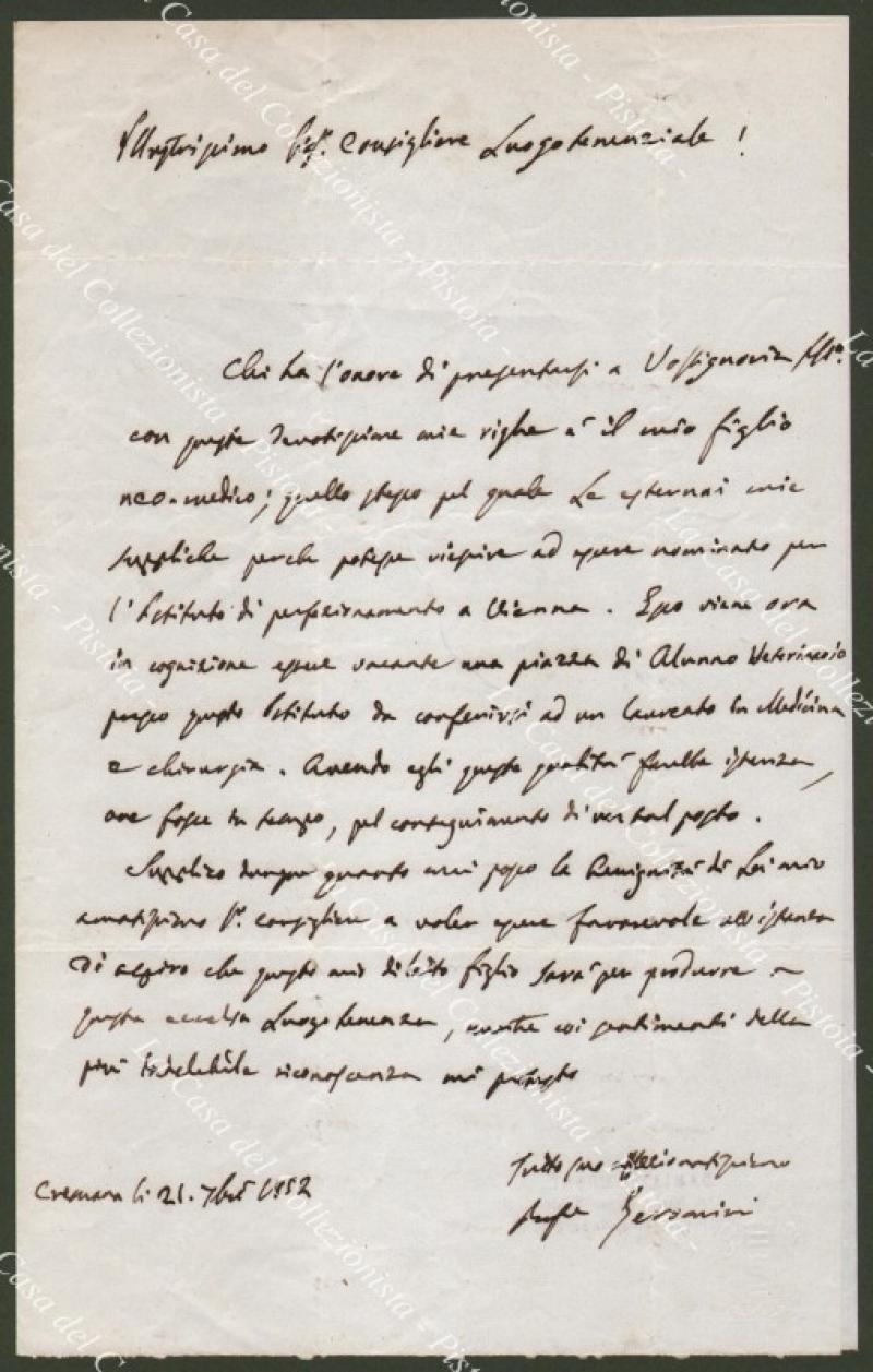GEROMINI FELICE (Cremona 1792 – Cremona 1858). Illustre medico cremonese autore di numerose opere. Lettera da Cremona del 21 settembre 1852.