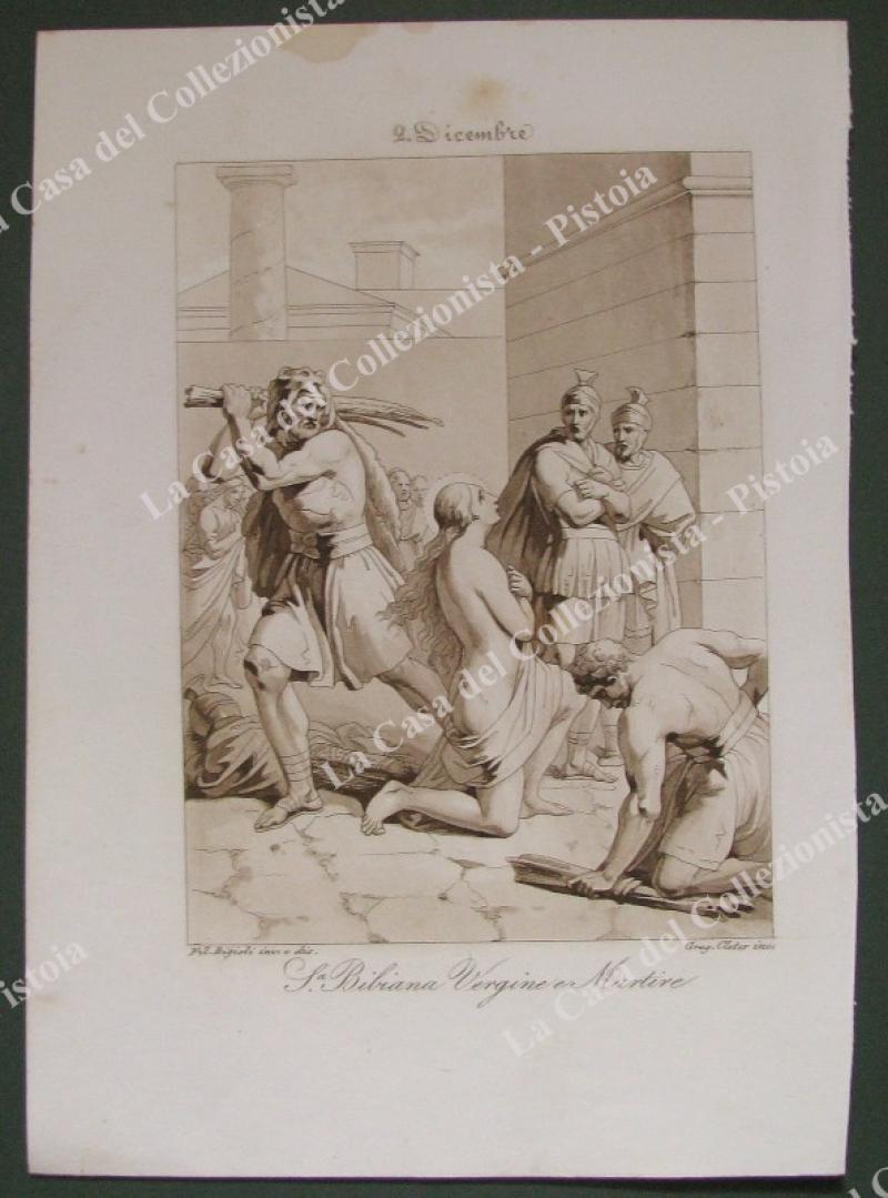 S.a BIBIANA VERGINE e MARTIRE, protettrice contro l'epilessia e le malattie mentali. Acquatinta in color seppia, incisa da Cleter, circa 1840