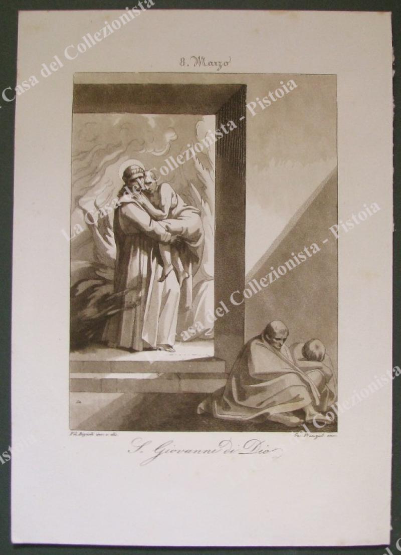 S.GIOVANNI DI DIO, Patrono di medici, infermieri e librai. Acquatinta in color seppia, incisa da Wenzel circa 1840