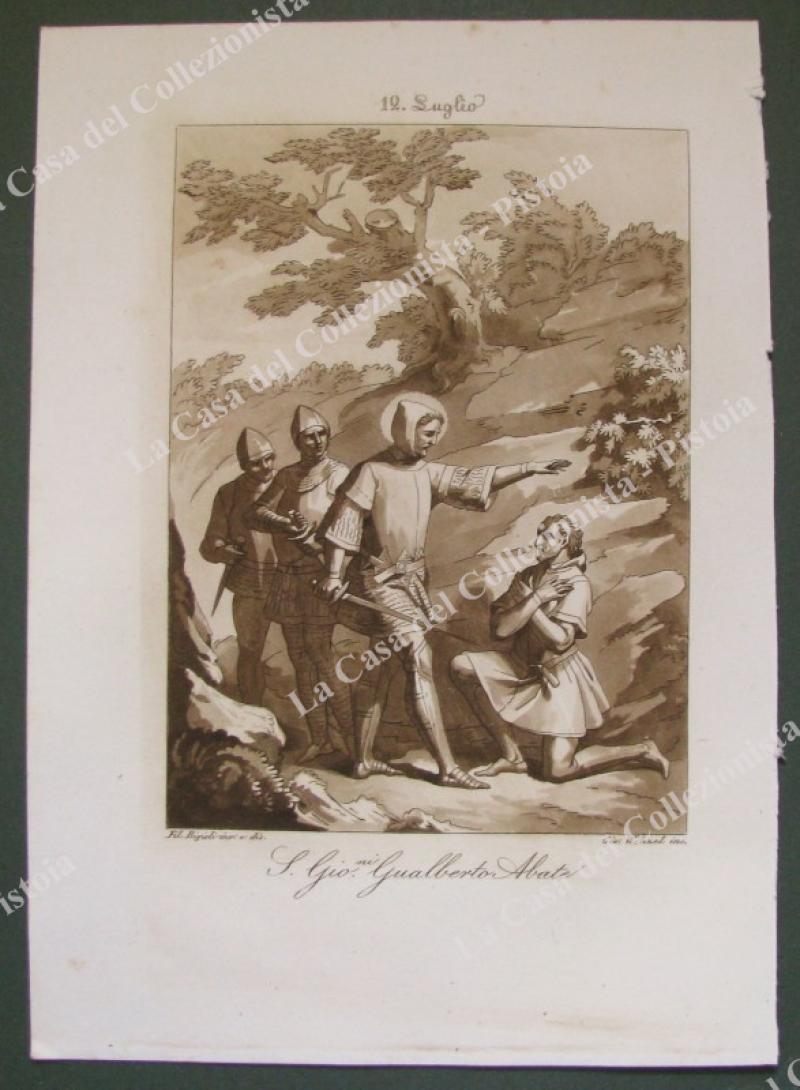 S.GIOVANNI GUALBERTO ABATE, Patrono del Corpo Forestale dello Stato. Acquatinta in color seppia, incisa da Wenzel, circa 1840