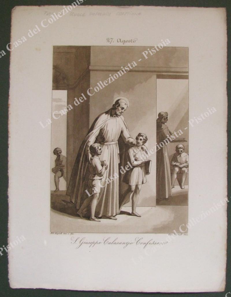 S.GIUSEPPE CALASANZIO CONFESSORE, Protettore delle scuole popolari cristiani. Acquatinta in color seppia, incisa da Wenzel, circa 1840