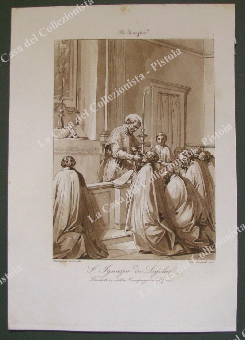 S.IGNAZIO DA LOJOLA, Fondatore della Compagnia di Gesù. Patrono della gioventù. Acquatinta in color seppia, incisa da Wenzel, circa 1840