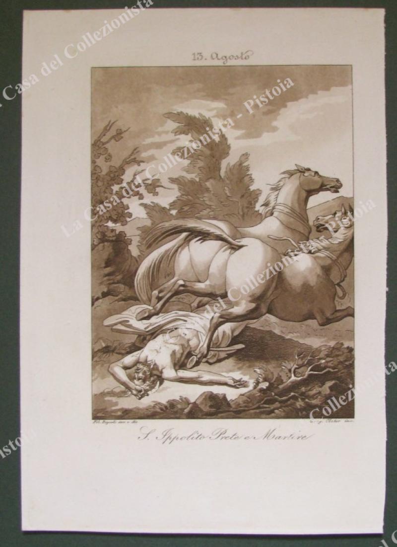 S.IPPOLITO PRETE E MARTIRE, Patrono dei cavalli.Acquatinta in color seppia, incisa da Cleter, circa 1840
