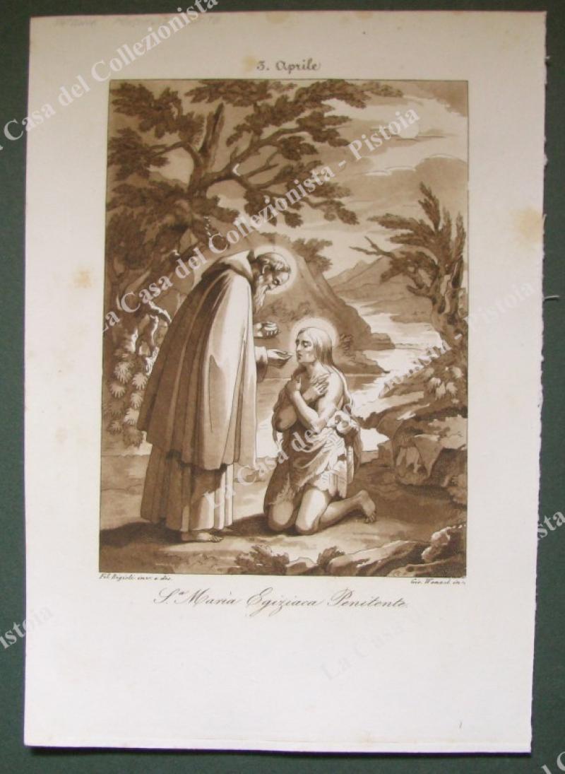 S.a MARIA EGIZIACA PENITENTE, Patrona delle prostitute pentite. Acquatinta in color seppia, incisa da Wenzel, circa 1840