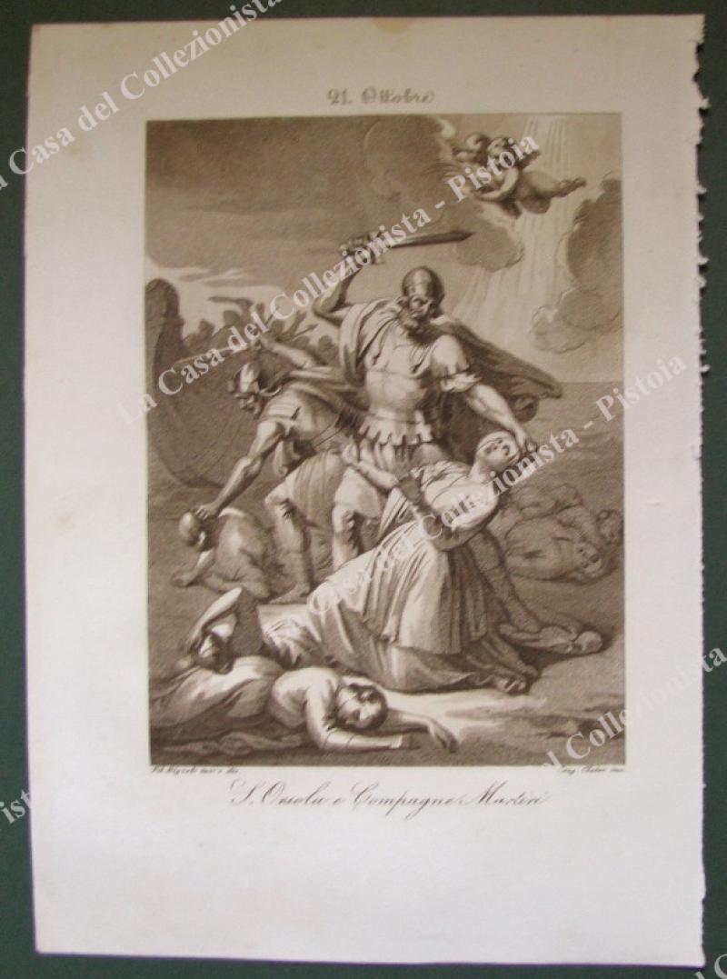 S.ORSOLA E COMPAGNE MARTIRI, Patrona degli orfani.  Acquatinta in color seppia, incisa da Cleter, circa 1840