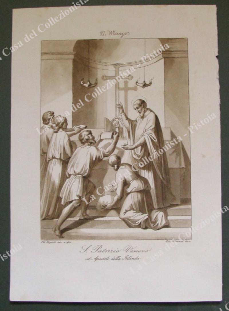 S.PATRIZIO VESCOVO. Patrono d'Irlanda. Acquatinta in color seppia, incisa da Wenzel circa 1840