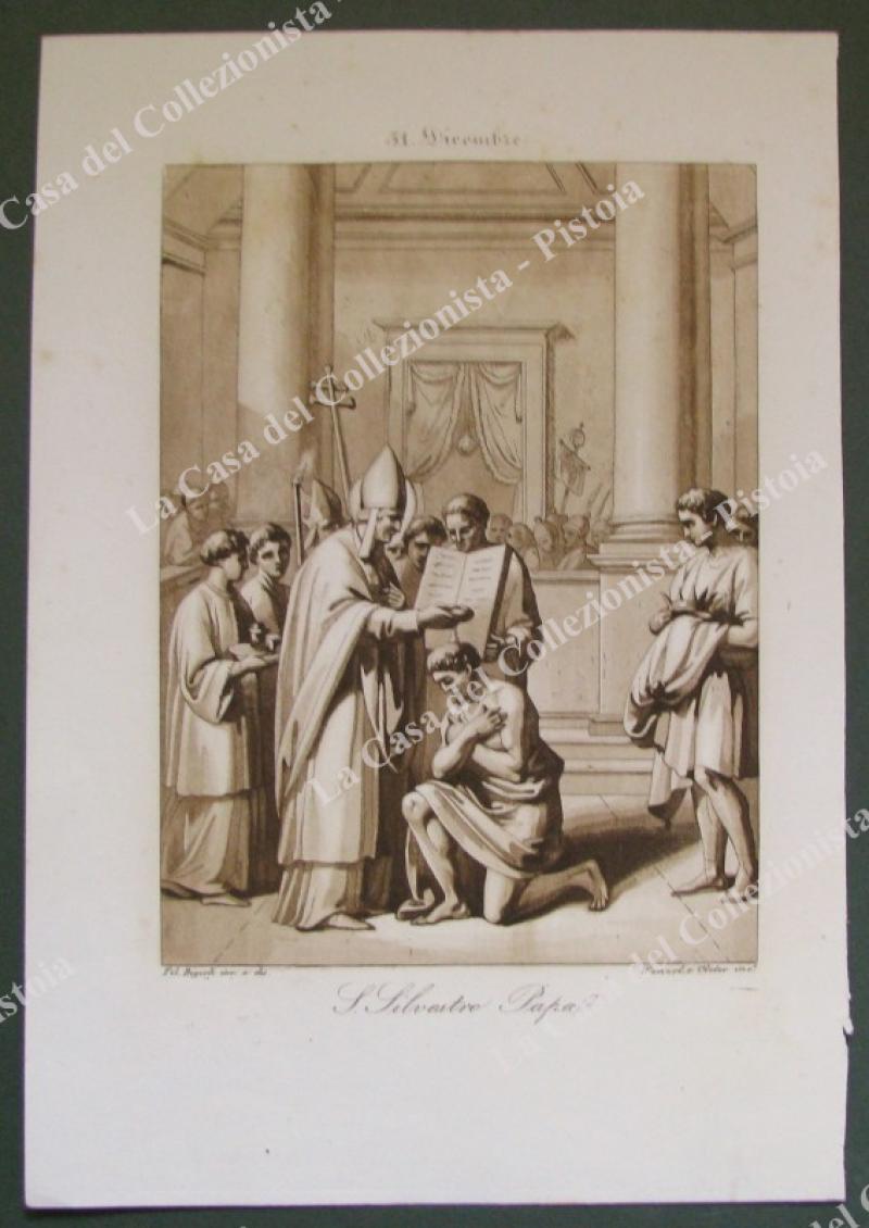 S.SILVESTRO PAPA, Patrono dei muratori e dei tagliapietre. Acquatinta in color seppia, incisa da Wenzel e Cleter, circa 1840