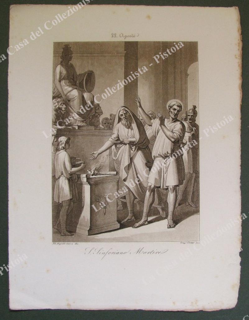 S.SINFORIANO MARTIRE. Patrono dei malattie agli occhi. Acquatinta in color seppia, incisa da Cleter, circa 1840
