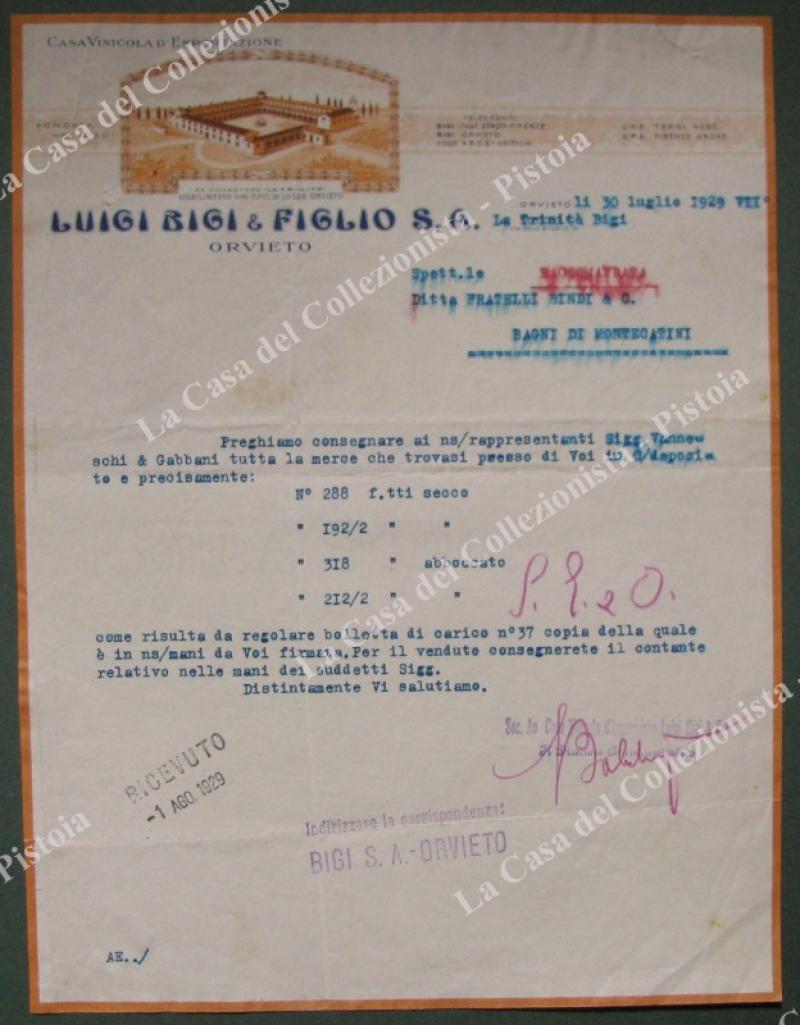 ORVIETO. CASA VINICOLA BIGI. Vecchia fattura anno 1929