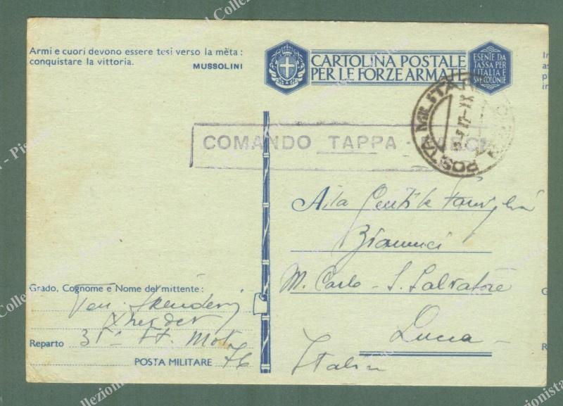SECONDA GUERRA. Dalla Posta Militare 76 a Lucca. Cartolina in franchigia