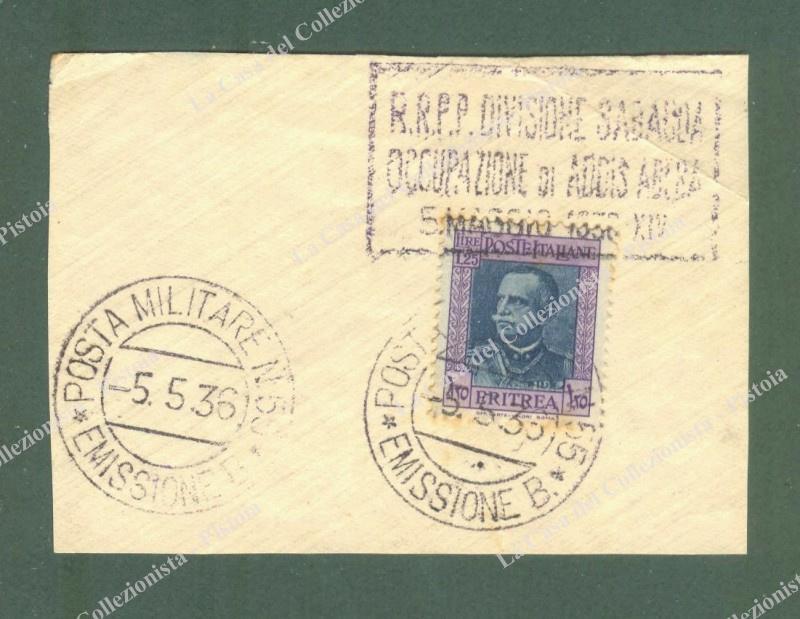 GUERRA D'AFRICA. Raro bollo violetto in cartella R.R.P.P. DIVISIONE SABAUDA OCCUPAZIONE DI ADDIS ABEBA 5 MAGGIO 1936 XIV.