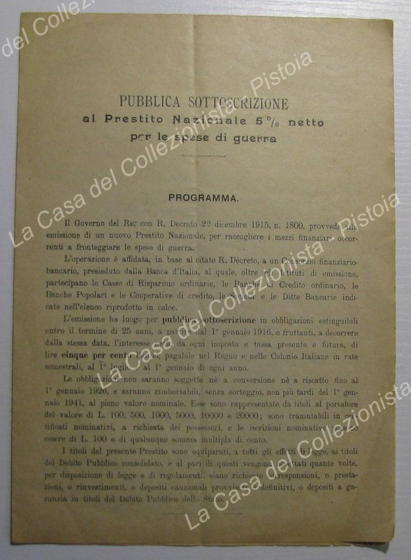 PRESTITO PRIMA GUERRA. Programma