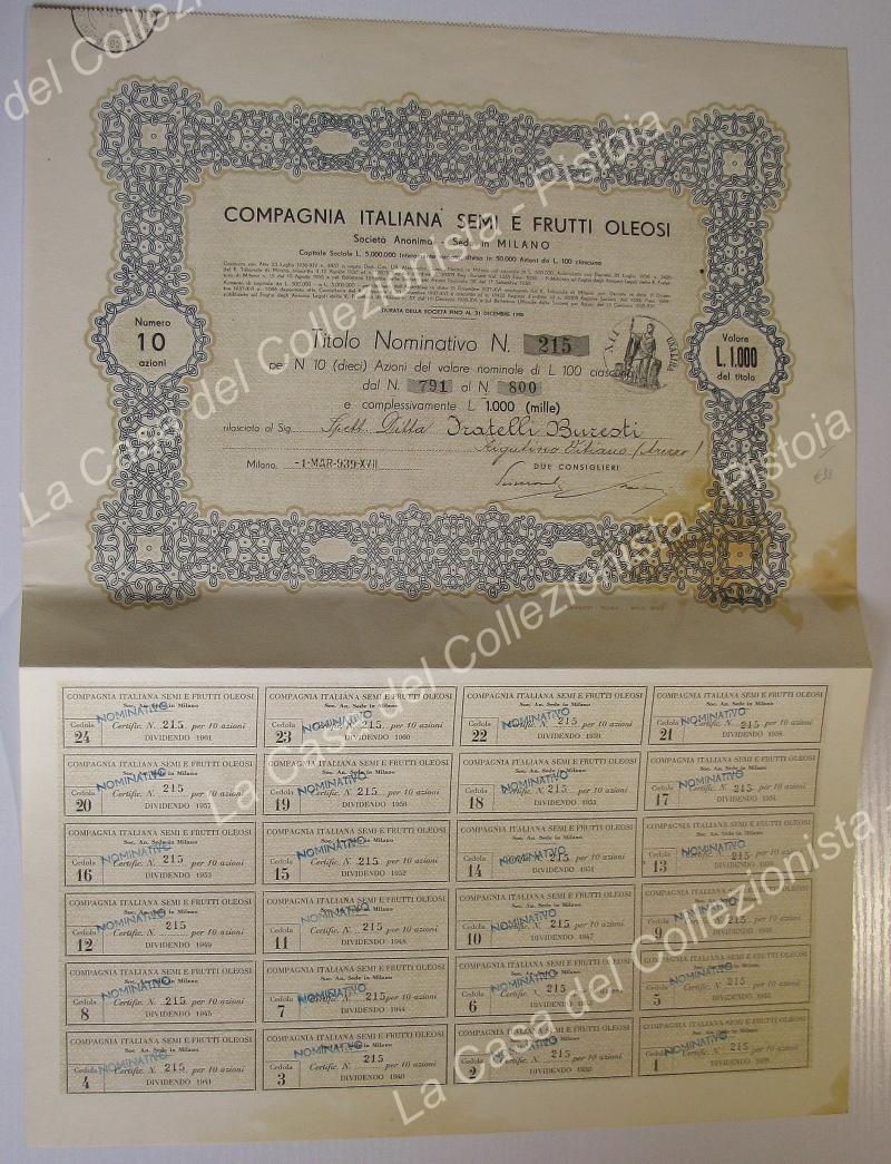 SCRIPOFILIA. COMPAGNIA ITALIANA SEMI E FRUTTI OLEOSI. Certificato da 10 azioni da lire 1000. Milano, 1939