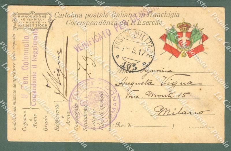 POSTA MILITARE 105. Cartolina del 1.9.17 per Milano