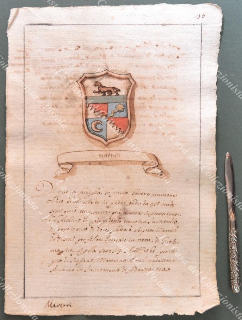 ARALDICA, Roma. FAMIGLIA MARTULI. Manoscritto seicentesco con stemma all'acquarello.